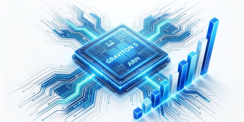 AWS Graviton5 ARM processor chip with blue circuit board patterns and performance benchmark graphs on white background