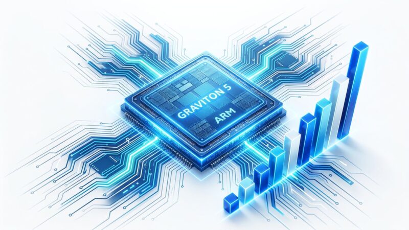 AWS Graviton5 ARM processor chip with blue circuit board patterns and performance benchmark graphs on white background
