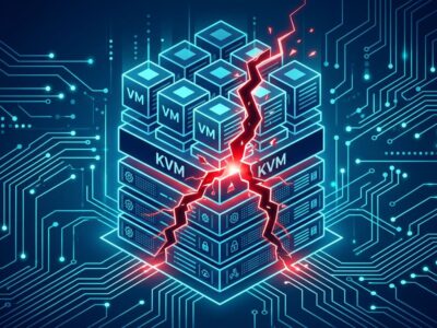Stylized server rack with a glowing red crack symbolizing the Januscape CVE-2026-53359 Linux KVM hypervisor guest escape vulnerability