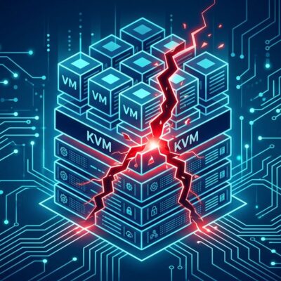 Stylized server rack with a glowing red crack symbolizing the Januscape CVE-2026-53359 Linux KVM hypervisor guest escape vulnerability