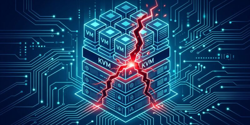 Stylized server rack with a glowing red crack symbolizing the Januscape CVE-2026-53359 Linux KVM hypervisor guest escape vulnerability