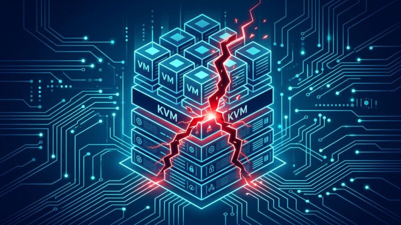 Stylized server rack with a glowing red crack symbolizing the Januscape CVE-2026-53359 Linux KVM hypervisor guest escape vulnerability