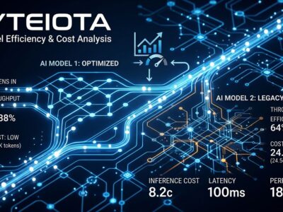 Abstract visualization of AI token efficiency and cost comparison with blue circuit network on dark background