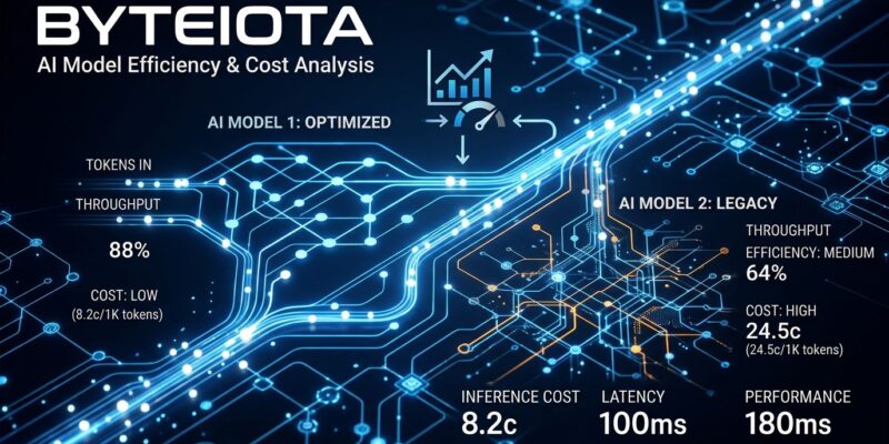 Abstract visualization of AI token efficiency and cost comparison with blue circuit network on dark background