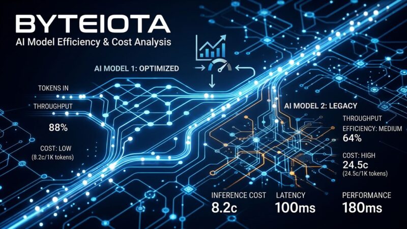 Abstract visualization of AI token efficiency and cost comparison with blue circuit network on dark background