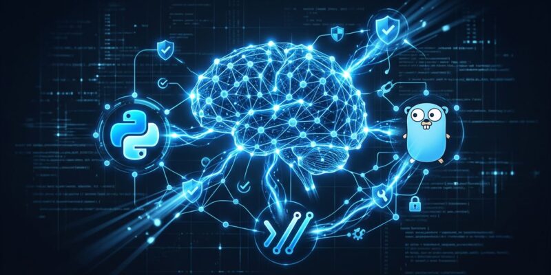 AI neural network nodes connecting to open source project logos representing OpenAI Patch the Planet initiative
