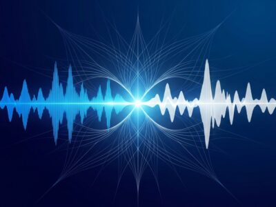 Abstract visualization of full-duplex voice waveforms showing simultaneous bidirectional AI voice communication, representing GPT-Live architecture