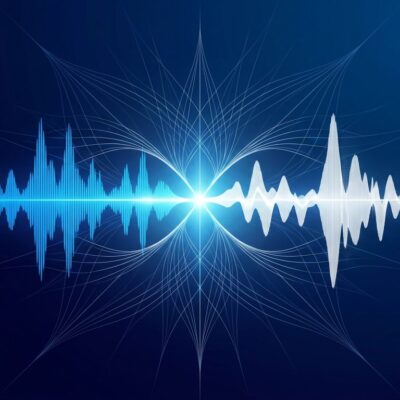 Abstract visualization of full-duplex voice waveforms showing simultaneous bidirectional AI voice communication, representing GPT-Live architecture