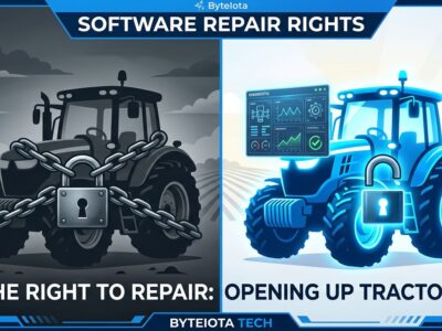 Split-screen image showing locked software on left and open diagnostic interface on right representing the FTC right to repair settlement
