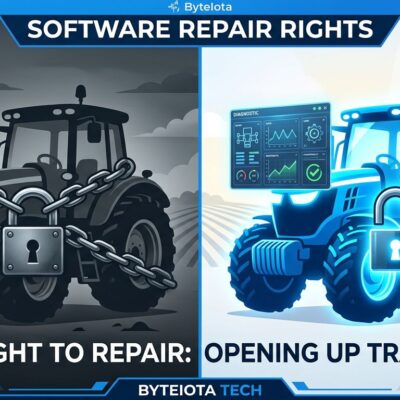 Split-screen image showing locked software on left and open diagnostic interface on right representing the FTC right to repair settlement