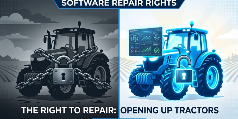 Split-screen image showing locked software on left and open diagnostic interface on right representing the FTC right to repair settlement