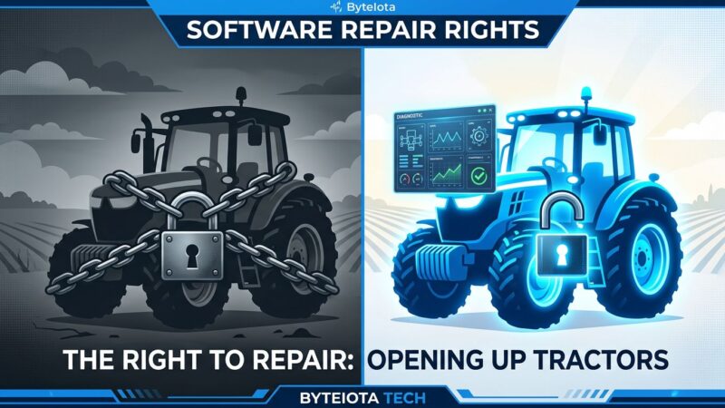 Split-screen image showing locked software on left and open diagnostic interface on right representing the FTC right to repair settlement