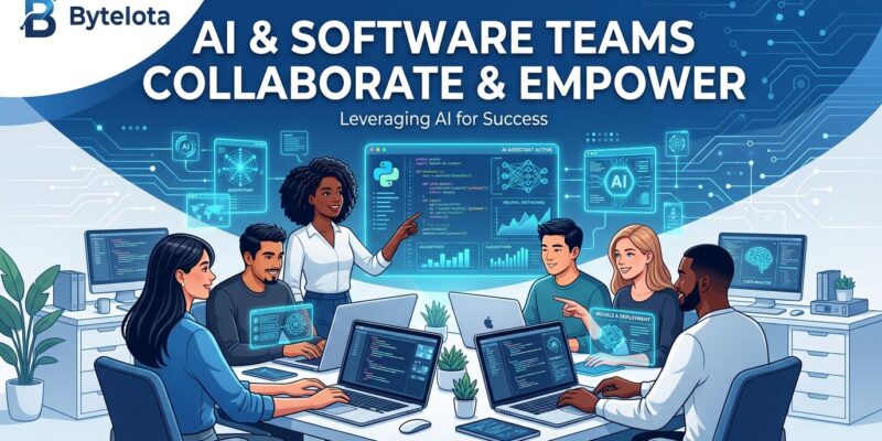Small AI-augmented engineering team of 4-5 members collaborating with AI tools - Gartner tiny teams 2029 prediction