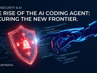 An AI robot arm reaching toward a red security shield with alarm symbols, representing AI coding agents triggering endpoint detection rules