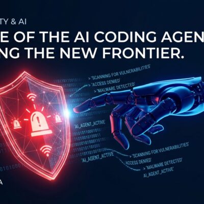 An AI robot arm reaching toward a red security shield with alarm symbols, representing AI coding agents triggering endpoint detection rules