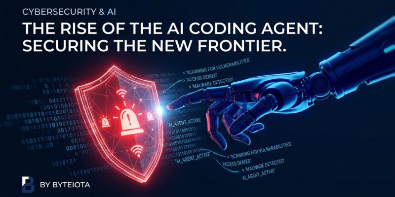 An AI robot arm reaching toward a red security shield with alarm symbols, representing AI coding agents triggering endpoint detection rules