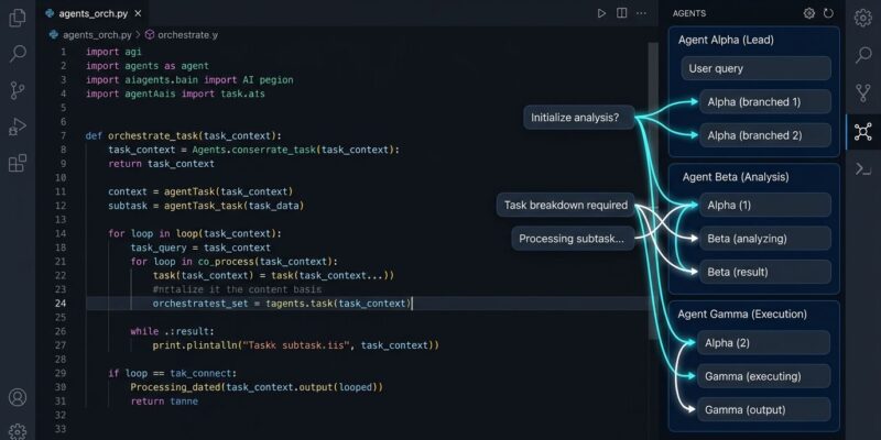 VS Code 1.128 Agents window showing multiple parallel chat sessions with branched conversation threads