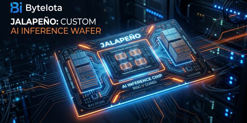 OpenAI Jalapeño custom inference chip with blue circuit traces and HBM memory stacks on dark background