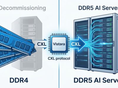 Split-screen diagram showing DDR4 memory bridged to DDR5 AI servers via Meta Vistara CXL chip