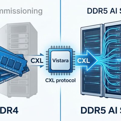 Split-screen diagram showing DDR4 memory bridged to DDR5 AI servers via Meta Vistara CXL chip