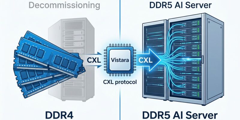 Split-screen diagram showing DDR4 memory bridged to DDR5 AI servers via Meta Vistara CXL chip