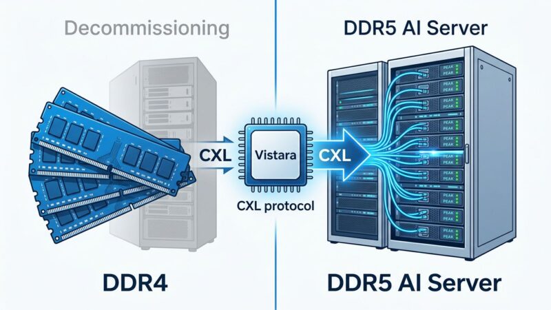 Split-screen diagram showing DDR4 memory bridged to DDR5 AI servers via Meta Vistara CXL chip