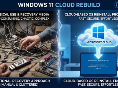 Windows 11 Cloud Rebuild split-screen comparison: traditional USB recovery drive on left vs cloud-based WinRE reinstall on right, blue and white