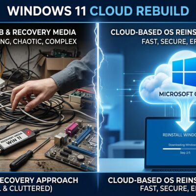 Windows 11 Cloud Rebuild split-screen comparison: traditional USB recovery drive on left vs cloud-based WinRE reinstall on right, blue and white
