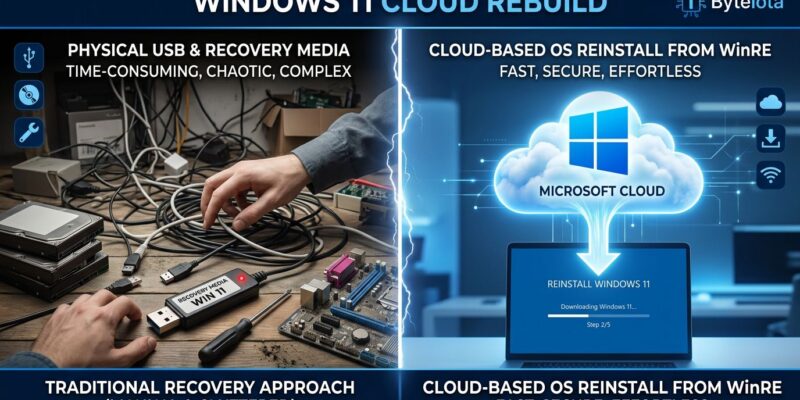 Windows 11 Cloud Rebuild split-screen comparison: traditional USB recovery drive on left vs cloud-based WinRE reinstall on right, blue and white