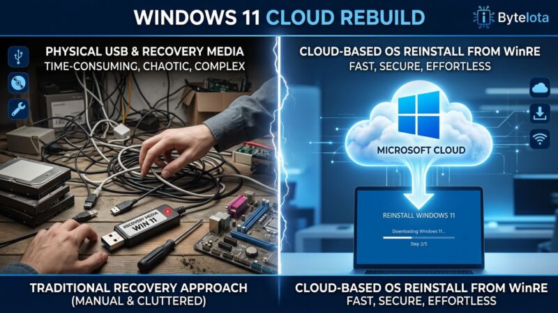 Windows 11 Cloud Rebuild split-screen comparison: traditional USB recovery drive on left vs cloud-based WinRE reinstall on right, blue and white