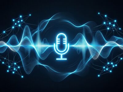 Abstract visualization of OpenAI GPT-Realtime-2.1 voice API showing sound waves and AI neural network in blue and white