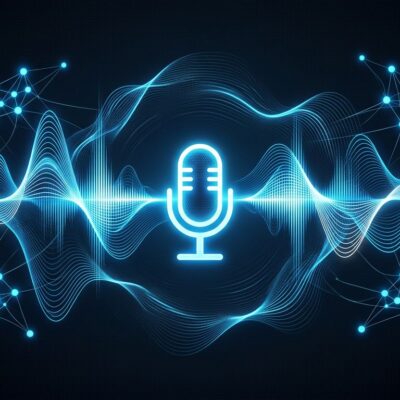 Abstract visualization of OpenAI GPT-Realtime-2.1 voice API showing sound waves and AI neural network in blue and white