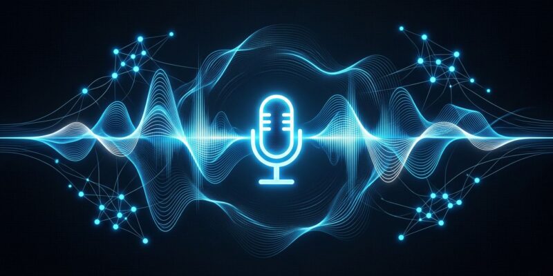 Abstract visualization of OpenAI GPT-Realtime-2.1 voice API showing sound waves and AI neural network in blue and white