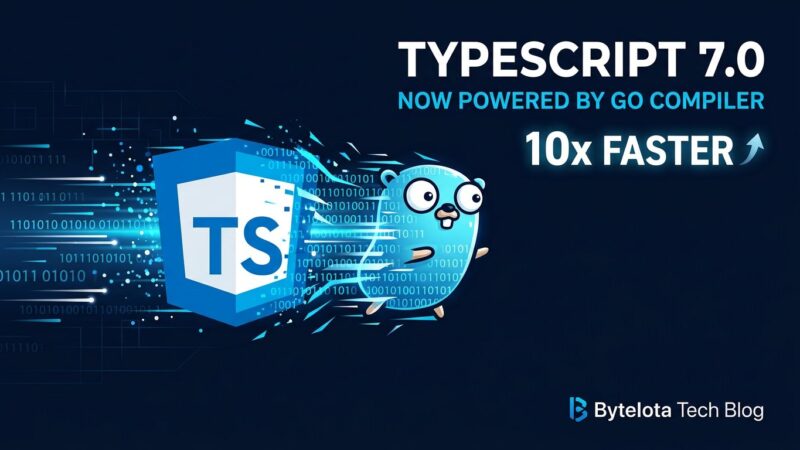 TypeScript logo transforming into Go gopher representing the TypeScript 7.0 compiler rewrite in Go, showing 10x build speed improvements