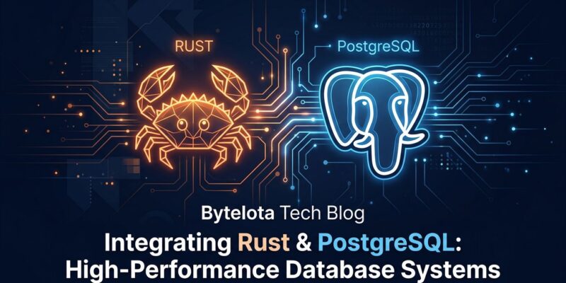 pgrust featured image showing Rust and PostgreSQL logos connected by circuit traces on a dark background
