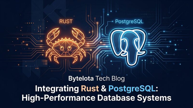 pgrust featured image showing Rust and PostgreSQL logos connected by circuit traces on a dark background