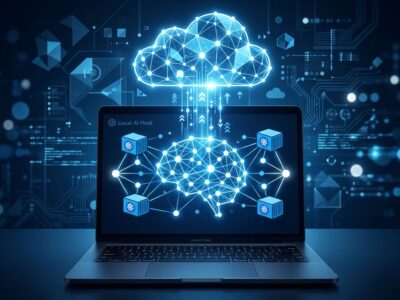 Abstract visualization of open-source AI running locally on a laptop connected to a cloud platform, representing Ollama's hybrid local-cloud expansion after its 5M Series B funding