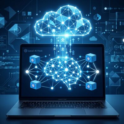 Abstract visualization of open-source AI running locally on a laptop connected to a cloud platform, representing Ollama's hybrid local-cloud expansion after its 5M Series B funding