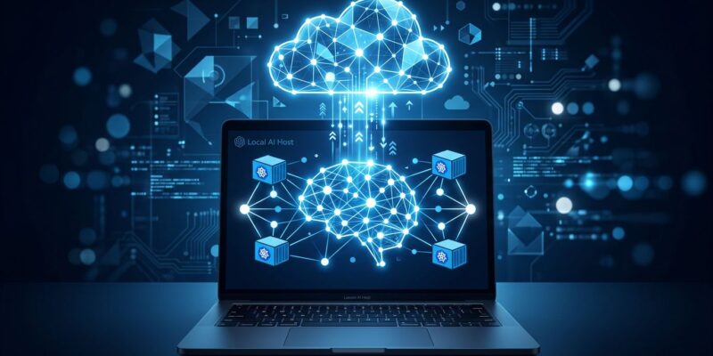 Abstract visualization of open-source AI running locally on a laptop connected to a cloud platform, representing Ollama's hybrid local-cloud expansion after its 5M Series B funding