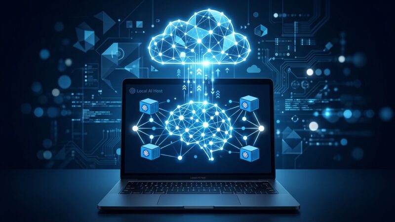 Abstract visualization of open-source AI running locally on a laptop connected to a cloud platform, representing Ollama's hybrid local-cloud expansion after its 5M Series B funding