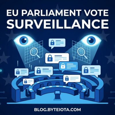 EU Parliament chamber with message scanning symbols representing Chat Control 1.0 vote