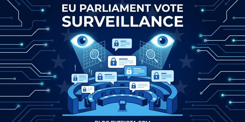 EU Parliament chamber with message scanning symbols representing Chat Control 1.0 vote
