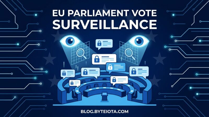 EU Parliament chamber with message scanning symbols representing Chat Control 1.0 vote