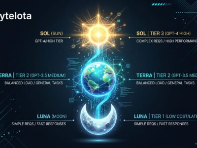 Three glowing geometric tiers representing GPT-5.6 Sol, Terra, and Luna model tiers connected by data streams in electric blue on a dark background