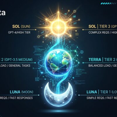 Three glowing geometric tiers representing GPT-5.6 Sol, Terra, and Luna model tiers connected by data streams in electric blue on a dark background