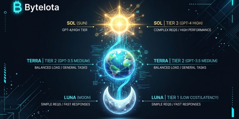 Three glowing geometric tiers representing GPT-5.6 Sol, Terra, and Luna model tiers connected by data streams in electric blue on a dark background