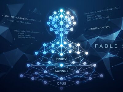 Claude Fable 5 Mythos-class model neural network hierarchy visualization with blue nodes representing API routing tiers