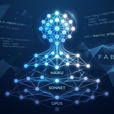 Claude Fable 5 Mythos-class model neural network hierarchy visualization with blue nodes representing API routing tiers