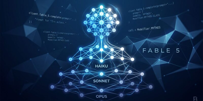 Claude Fable 5 Mythos-class model neural network hierarchy visualization with blue nodes representing API routing tiers