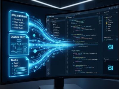 Kiro IDE 1.0 spec-driven agentic IDE interface showing specification documents transforming into code with blue ByteIota brand colors